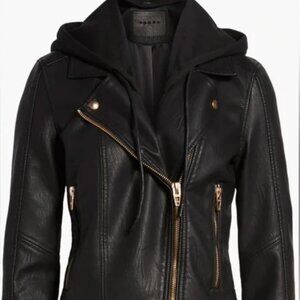 BlankNYC Faux Leather Black Hooded Moto Jacket- Size Small